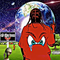 a man in a red shirt is standing in front of a planet